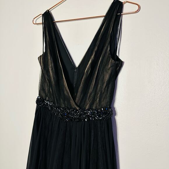 Badgley Mischka Black pleated Tulle Chiffon V-neck Gown size 2 - Picture 6 of 16